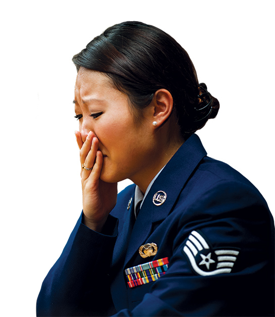 First Lt. Son Lee, 8th Fighter Wing Public Affairs deputy chief, testifies during a mock trial 16 April 2014 at Kunsan Air Base, South Korea. The Wolf Pack put on a mock trial of a sexual assault case for First Term Airman Center students to provide a realistic portrayal of the military justice system. (Photo by Staff Sgt. Clayton Lenhardt, U.S. Air Force)