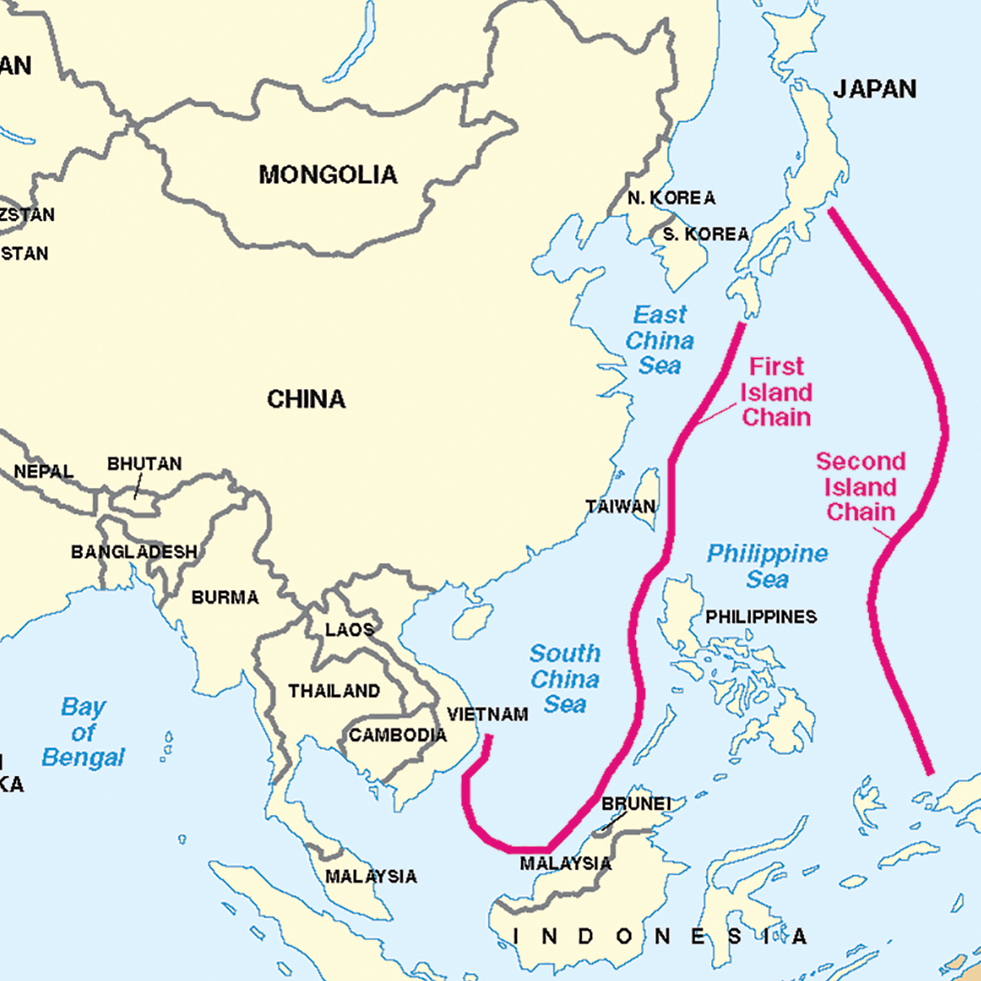 Figura 1. Fronteiras Geográficas da Primeira e Segunda Cadeia de Ilhas. (Figura do Gabinete do Secretário de Defesa, Annual Report to Congress: Military Power of the People’s Republic of China, 2006 (Washington, DC: Department of Defense, 2006); a representação das fronteiras não é necessariamente oficial)