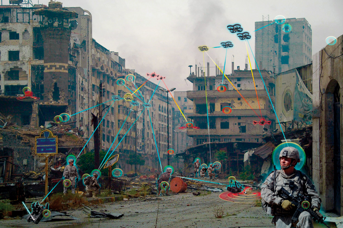 Um objetivo do desenvolvimento da inteligência artificial militar é colocar soldados em rede diretamente com veículos não tripulados no campo de batalha em equipes homem-agente inteligente, que irão acelerar a coleta de informações, identificação de alvos e execução de missões de tiro. (Imagem: Exército dos EUA)