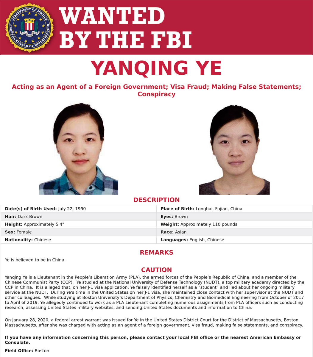 Imagem de um alerta do FBI para uma pessoa suspeita de ser uma agente chinesa (2020).