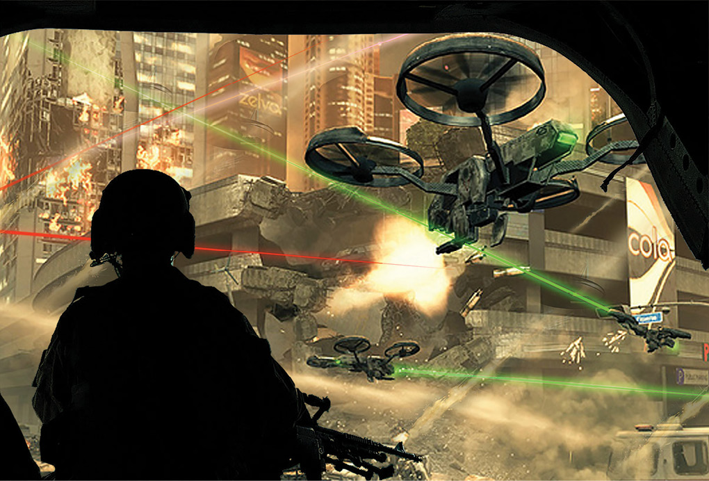 O manual de campanha FM 3-0, <i>Army Operations</i>, fornecerá doutrina para ajudar os comandantes do Exército a prever requisitos e sincronizar capacidades nos domínios terrestre, aéreo, marítimo, cibernético e espacial durante operações de combate de grande vulto contra oponentes com poder de combate equivalente no presente e no futuro imediato. (Ilustração composta de Jim Crandell, Army University Press<i>.</i> Imagem do segundo plano de Call of Duty: Black Ops 3-OFFICIAL TRAILER & BREAKDOWN!, Flickr.com. Imagem de primeiro plano de Cherie A. Thurlby, Departamento de Defesa)