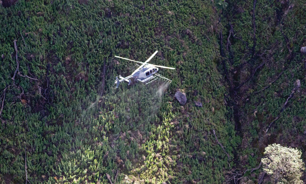 Helicóptero militar mexicano lançando herbicida para destruir plantações de drogas em lugares de difícil acesso. (Foto: Secretaría de la Defensa Nacional, México, 5º Informe de Labores 2016/2017 )