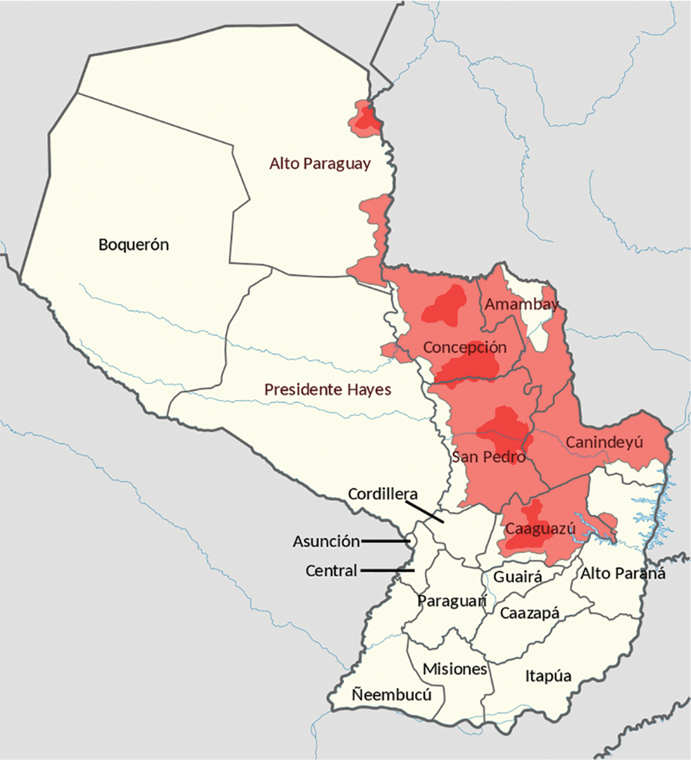 Desde 2005, as Forças Armadas paraguaias conduzem uma campanha de contrainsurgência contra o EPP, principalmente no nordeste do Paraguai (atividade insurgente destacada em vermelho) ao longo da fronteira com o Brasil. (Imagem cedida por Mikelelgediento/ Wikimedia)