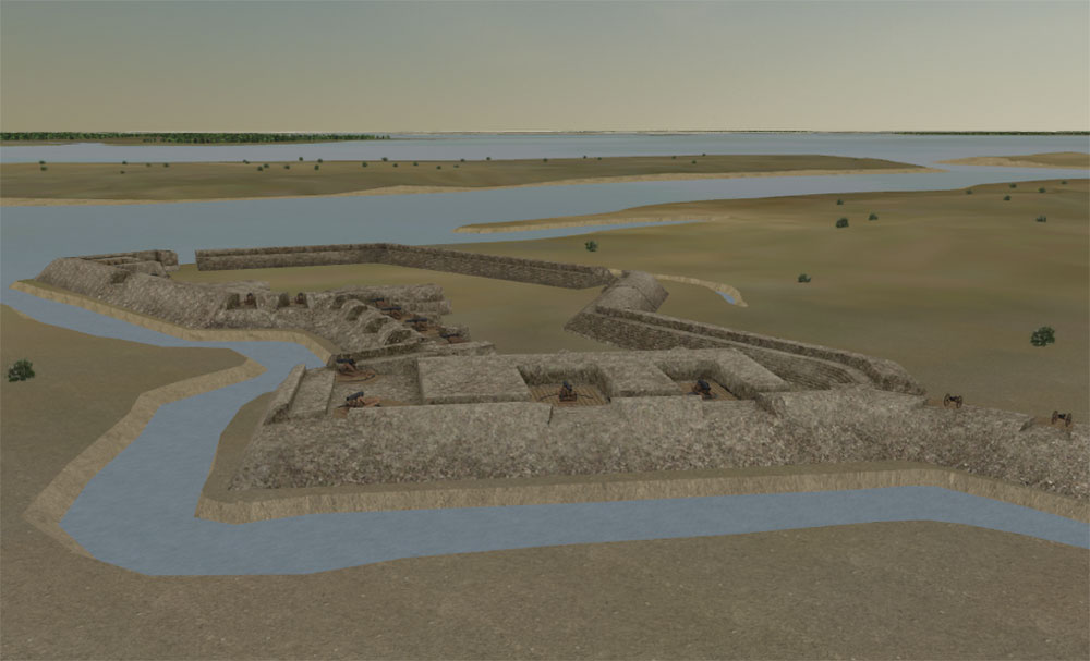 Terreno virtual em que se mostra o Forte Wagner na ilha Morris. Neste local, ocorreu o ataque do 57o Regimento de Infantaria de Massachusetts, que ganhou fama com o filme Tempo de Glória. (Army University Press)