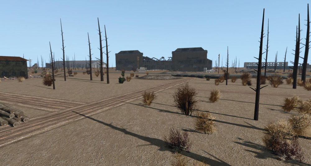 Vista virtual de Stalingrado que mostra a aproximação ao Comissariado, acompanhada de um recurso visual que apresenta o mesmo ângulo. A seta branca no mapa indica a vista do terreno. (Army University Press)