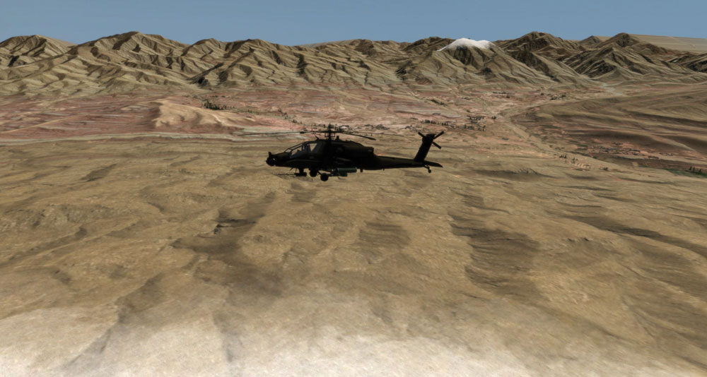 Vista virtual de um helicóptero que se desloca rumo a Takur Gar, durante a Operação Anaconda. (Army University Press)