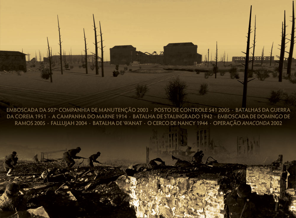 Imagem de cima: Vista virtual de Stalingrado que mostra a aproximação ao Comissariado. Imagem de baixo: Soldados soviéticos no ataque ao Comissariado, Stalingrado. (Army University Press; arquivo RIA Novosti, imagem Nr 44732 / Zelma / CC-BY-SA 3.0)