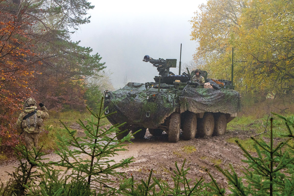 Integrantes do 2o RC se preparam para ocultar uma viatura Stryker durante o exercício Dragoon Ready 20, no Centro Multinacional Conjunto de Adestramento, em Hohenfels, na Alemanha, 2 Nov 2019. (Foto do Cb Ethan Valetski, Exército dos EUA)