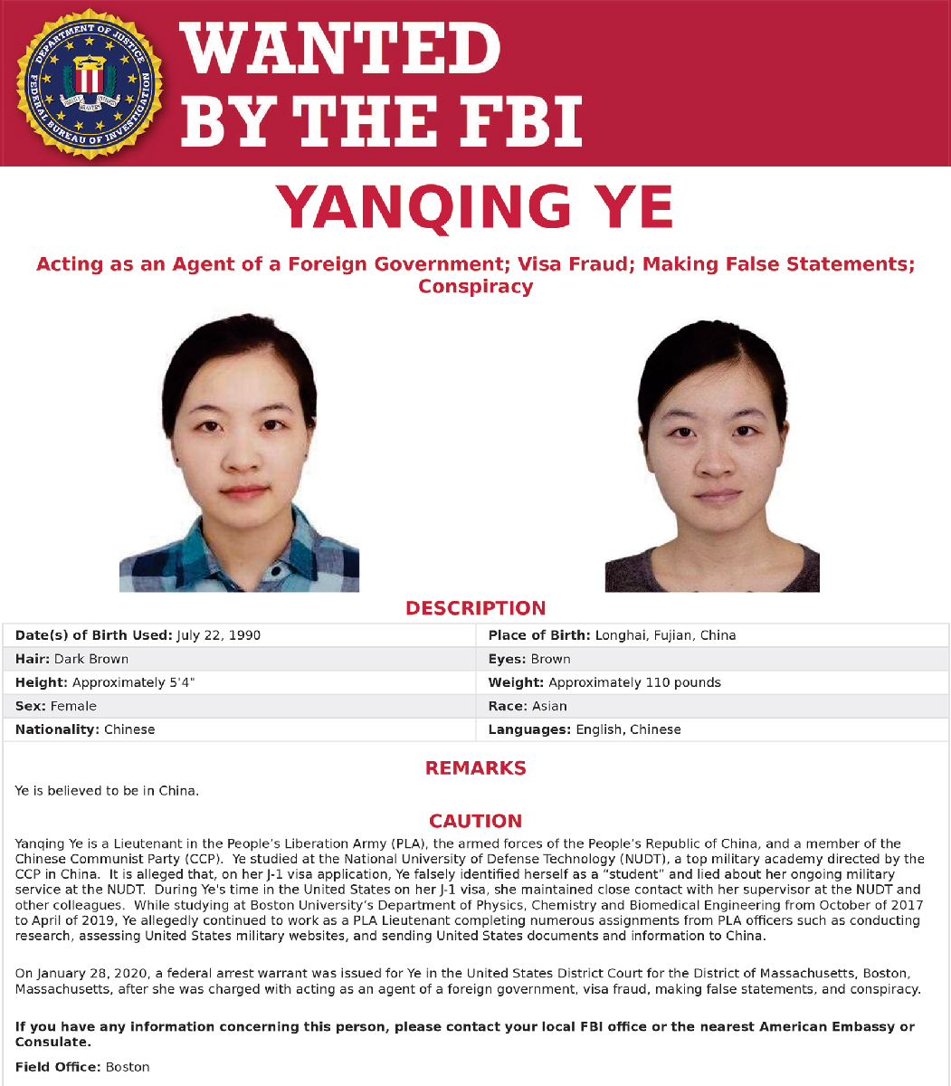 Una captura de pantalla de un cartel «se busca» para una presunta agente china, publicado en 2020 por el FBI.