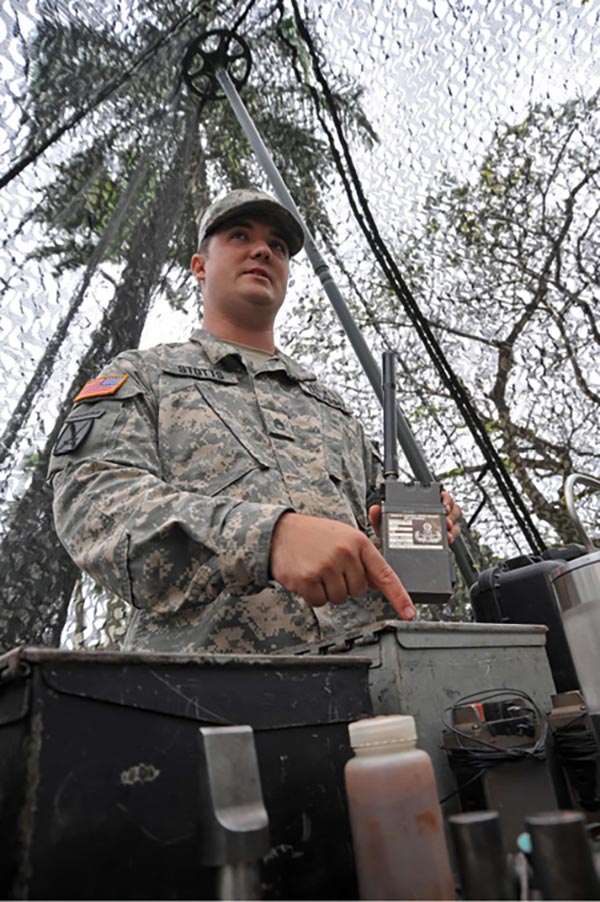 Staff Sgt. Christopher Stotts talks about the capabilities of the 8th Theater Support Command’s Explosive Ordinance Disposal Team in April at Schofield Barracks, Hawaii.