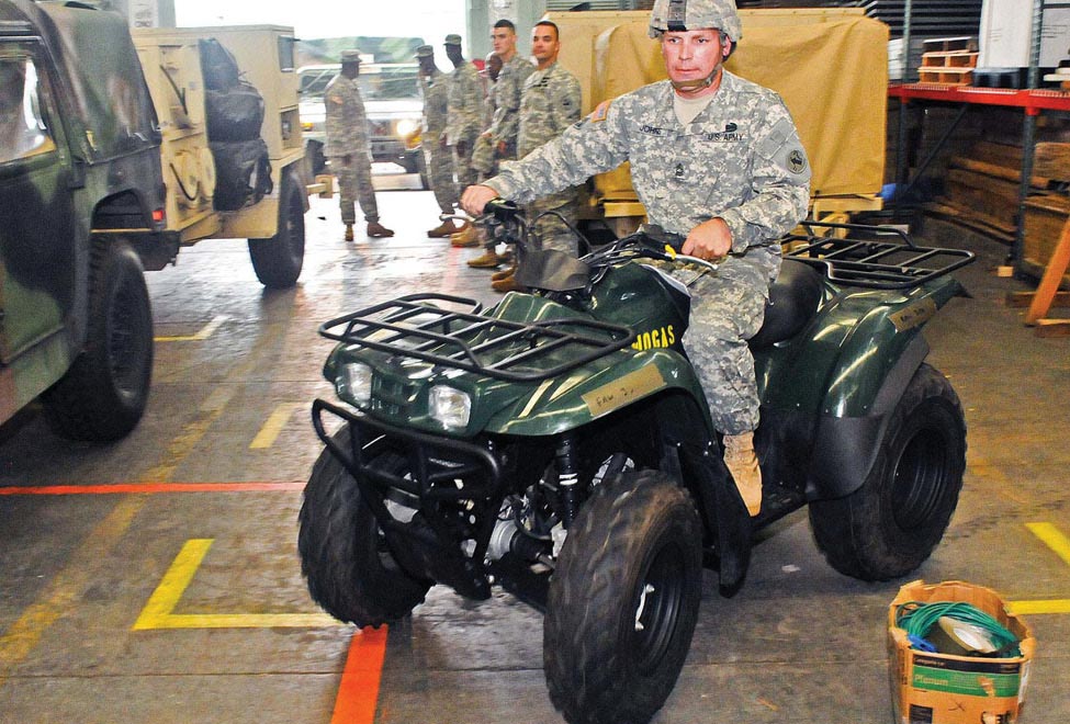 Master Sgt. Dwain Johns drives an ATV before a Pre JI inspection of U.S. Army Pacific (USARPAC) Contingency Command Post, Humanitarian Assistance Survey Team (HAST) vehicles April 4, 2012, at Fort Shafter, Hawaii. The USARPAC HAST is a rapidly deployable team of 8-14 soldiers with specific skill sets needed to assess the situation immediately after a disaster.