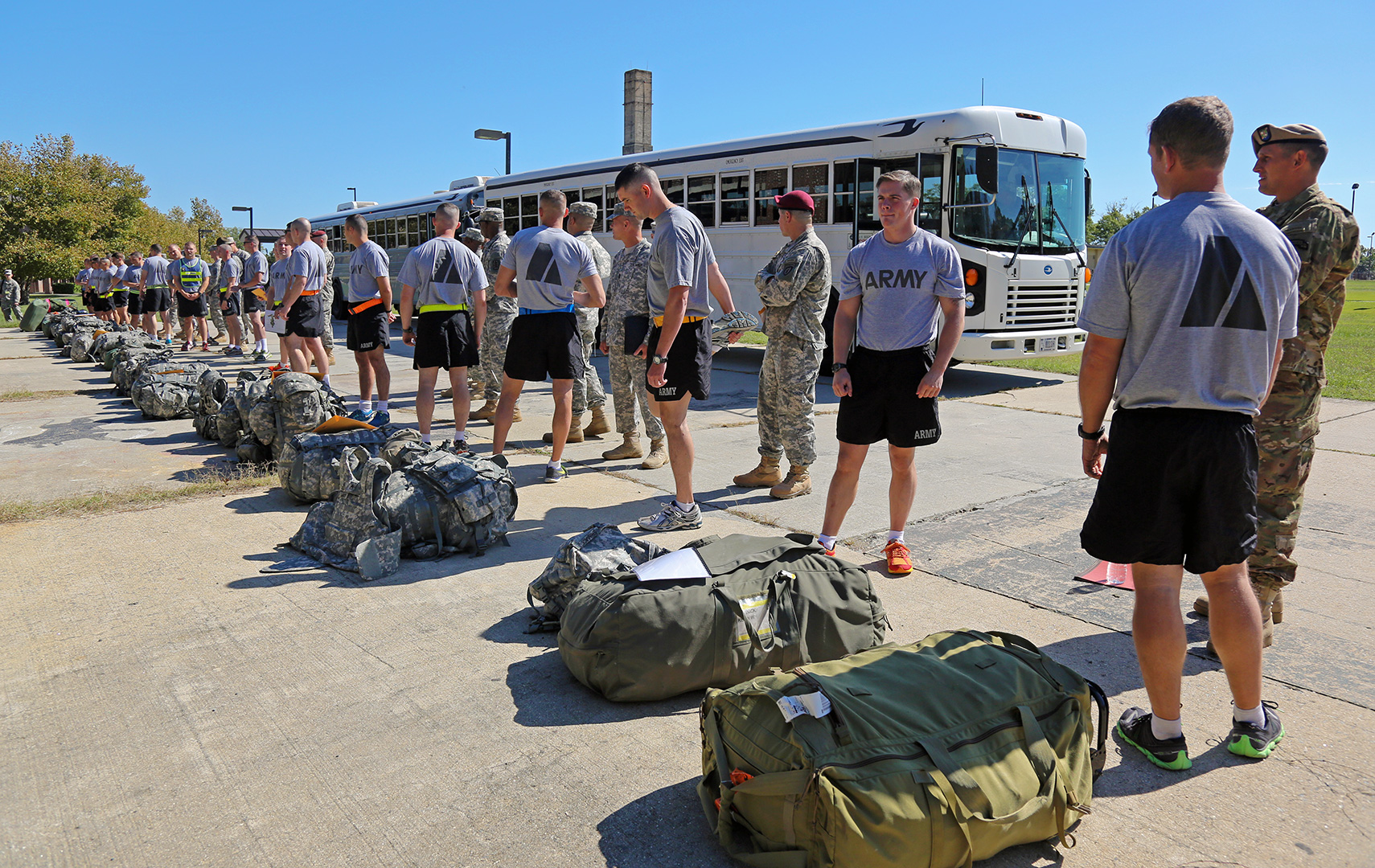 Competitors wait to have their equipment checked Monday at the start of the 2014 Best Warrior Competition at Fort Lee. (Photo by Spc. Jordan Talbot)