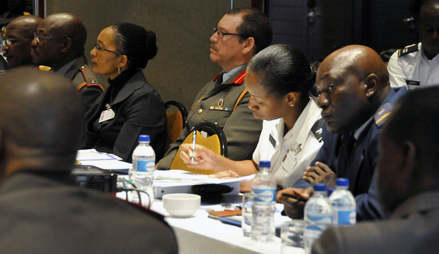 Col. Sara V. Simmons, U.S. Army Africa G-1, personnel director, takes notes during the opening ceremony for the Regional Gender Mainstreaming Seminar in Windhoek, Namibia, on June 24. The seminar wass hosted by the Namibian Defence Forces and co-sponsored by U.S. Africa Command and U.S. Army Africa. Leaders from seven African nations were in attendance. (U. S. Army Africa photo by Julie M. Lucas)