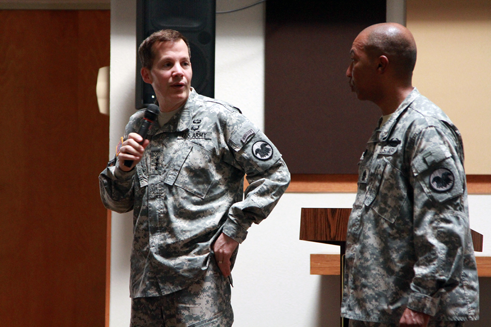 During a town hall meeting at the 13th SC(E) chapel Lt. Gen. Jeffery Talley addressed questions about active-duty Soldiers transitioning to the reserve component. (Photo by 1st Lt. Barry Stevenson)