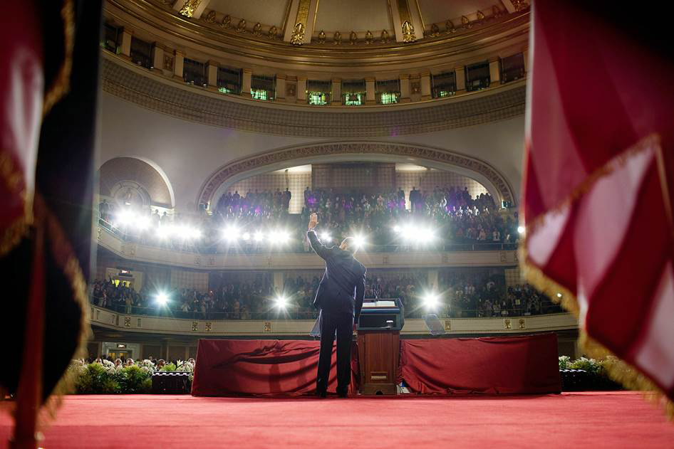 President Obama concludes an address in Cairo, Egypt, in June 2009. No matter the locale, WHCA personnel are in charge of lights, podiums, TelePrompTers, videography and sound at all presidential events. (White House photo by Chuck Kennedy)