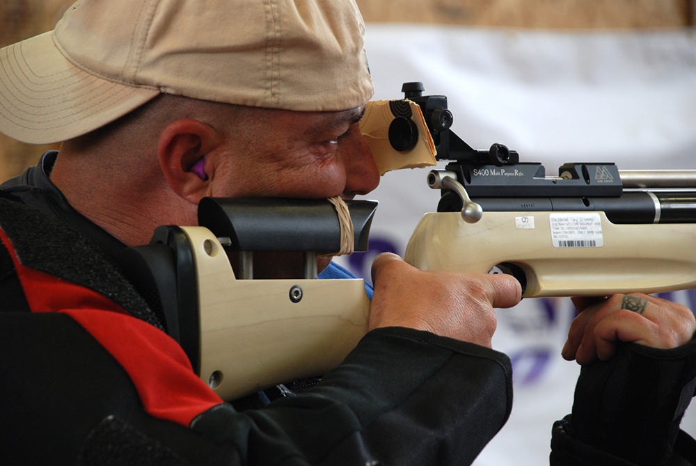 Master Sgt. Shawn Vosburg, assigned to the WTB at Fort Bliss, takes aim during the rifle event of the Army Trials on March 30 at Fort Bliss. (Photo by Meghan Portillo/NCO Journal)