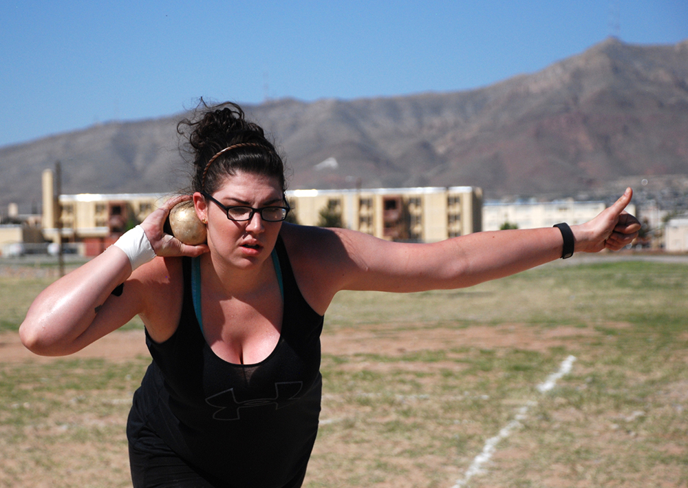 Spc. Sydney Davis, assigned to the Warrior Transition Battalion at Fort Belvoir, Va., prepares to throw the shotput during the Army Warrior Trials on April 1 at Fort Bliss. (Photo by Meghan Portillo/NCO Journal)
