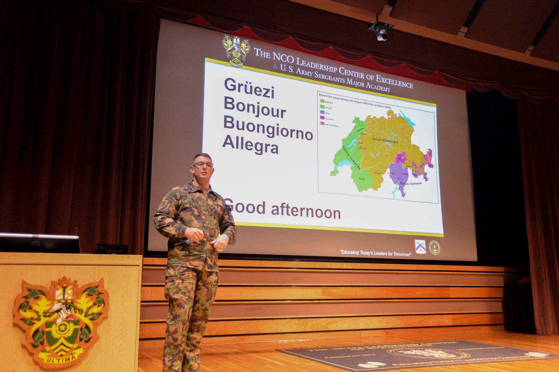 Swiss Armed Forces Sgt. Maj. Florian Emonet, gives a presentation at the U.S. Army NCO Leadership Center of Excellence