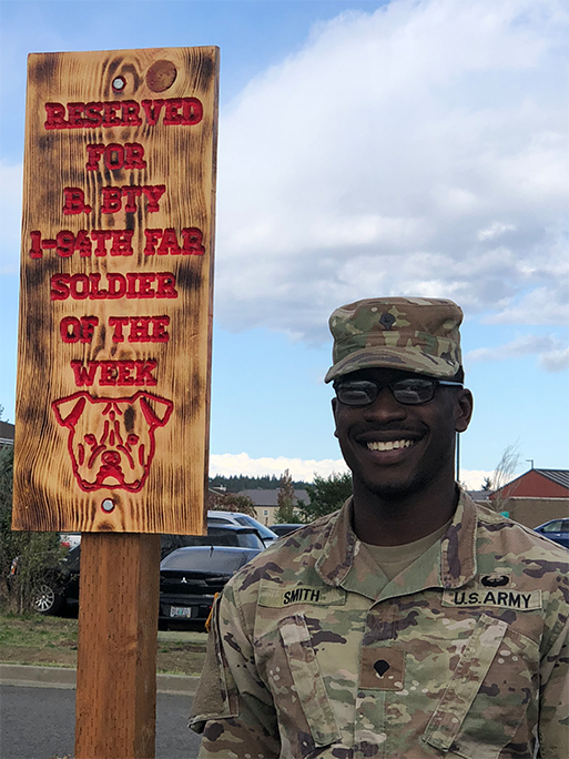 SPC Brandon Smith was recognized as the “Bulldog of the Week” and awarded a reserved parking spot for winning the 17th Field Artillery Brigade Soldier of the Year Competition.