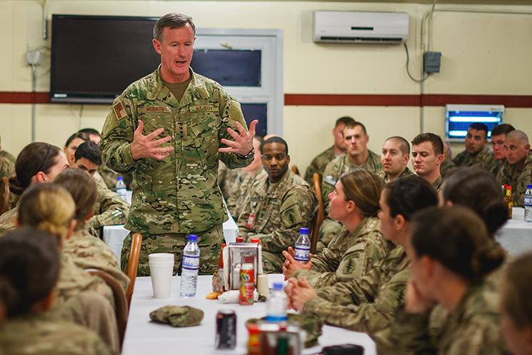 U.S. Navy Adm. William H. McRaven, commander of U.S. Special Operations Command in MacDill Air Force Base, Fla., speaks to U.S. service members deployed overseas