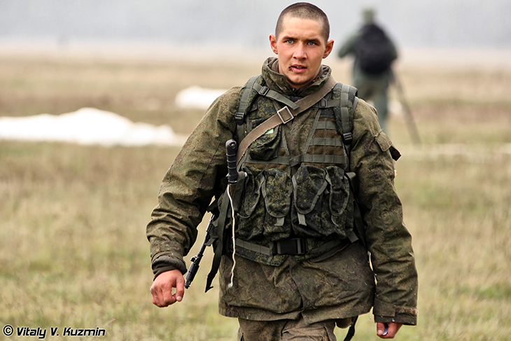 A Russian soldier participates in the 137th Guards Parachute Order of the Red Star Regiment of the 106th Guards Red Banner Order