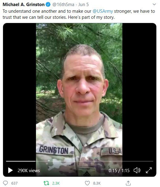 Sgt. Maj. of the Army Michael A. Grinston posts a video message on his Twitter social media platform, June 5, 2020.