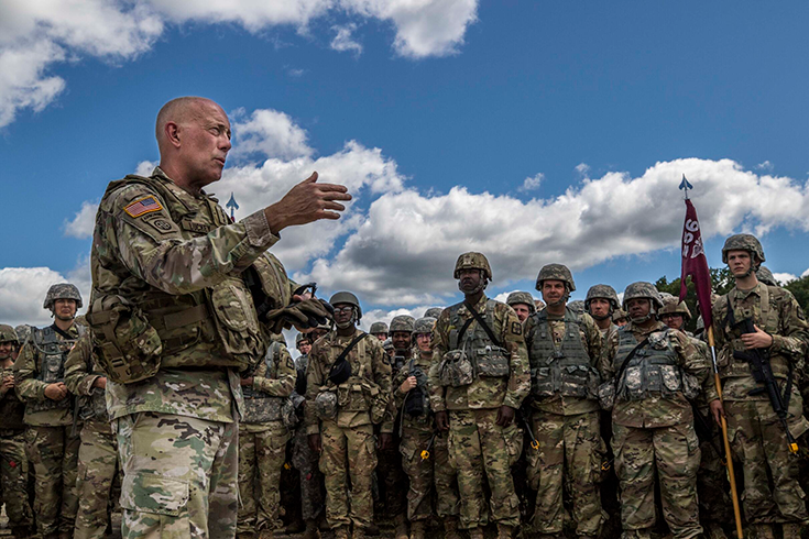 Lt. Gen. Charles D. Luckey, Chief of the Army Reserve and Commanding General, speaks with Army Reserve Soldiers at Fort McCoy