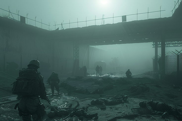 Soldiers walking around in a bleak future
