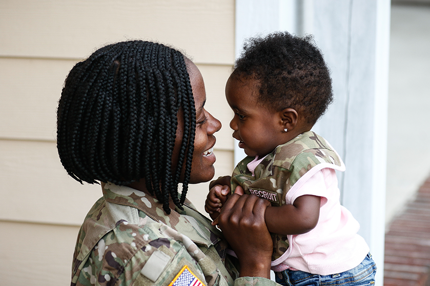 Spc. ShaTyra Reed, 22nd Mobile Public Affairs Detachment, plays with her daughter in Fayetteville, North Carolina, April 25, 2019