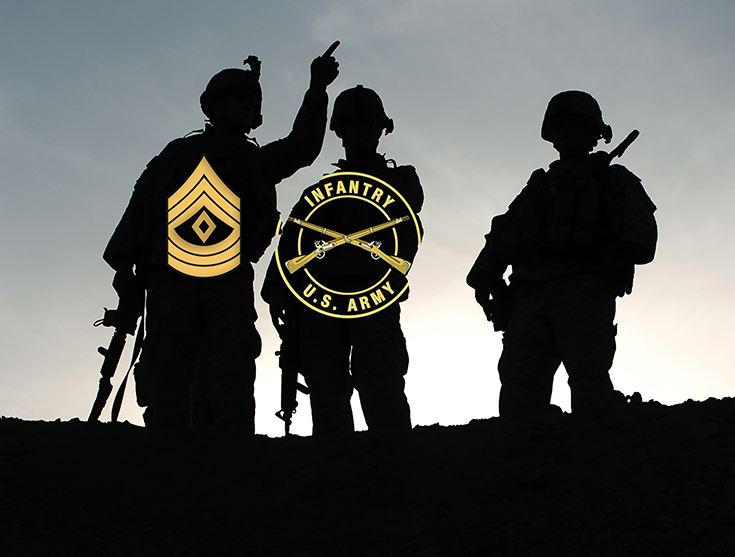 A photo shows a trio of Soldiers standing silhouetted against the sky, helmets on their head and rifles in hand. One points forward, and the first sergeant badge is digitally superimposed upon him. Superimposed on the silhouette of the Soldier to his left is the badge of the U.S. Army Infantry.