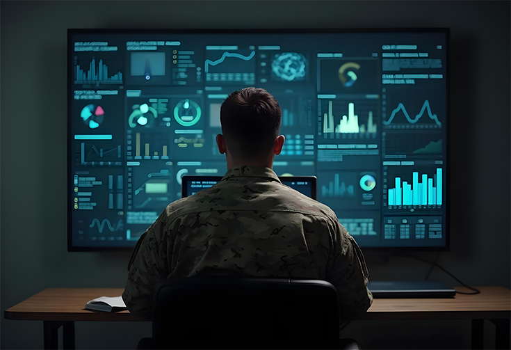 A horizontal photograph shows a bareheaded Soldier in uniform sitting at a desk, a laptop before him, and beyond it, a large external monitor filled with pie charts, bar graphs, and other information. While photorealistic, the illustration is clearly the product of artificial intelligence. This image is the fourth in a series of five accompanying the article.