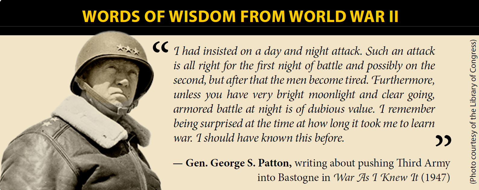 A vertical photograph shows a low-angle view of a man in a helmet bearing three stars above its brim. In the black-and-white image, the man wears an earnest expression. The strap of his headgear crosses his chin, and his gaze leads the viewer’s eye toward the right edge of the photograph. This image is the tenth in a series of 12 accompanying the article.