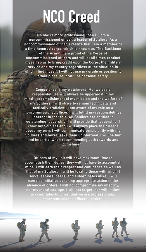 A vertical image shows an Army poster. Its top line reads “NCO Creed,” and the text of the creed follows in three centered paragraphs below. The type is in white, overlaid on an image of a helmeted Soldier. This image fades into another one at the poster’s bottom: Half a dozen Soldiers walking with packs down a sandy shore or plain, the high sun casting short, dark shadows at their feet.