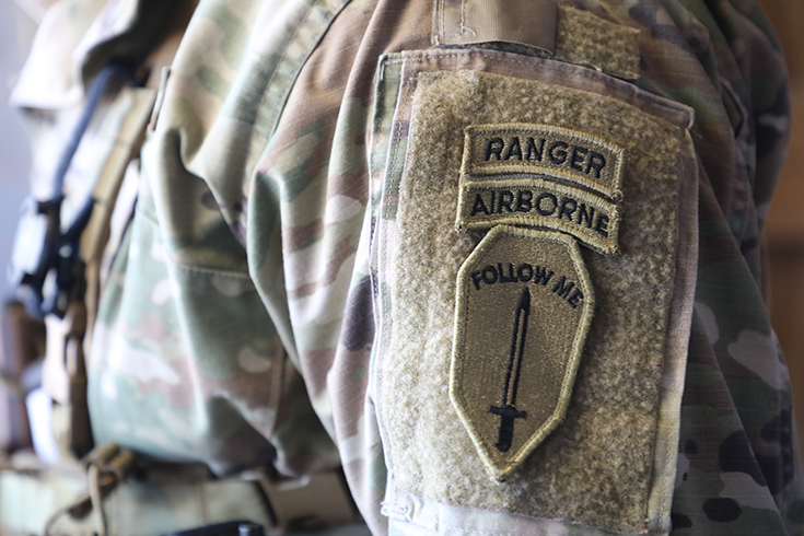 A photo of a Soldier's arm with a Ranger patch on it.