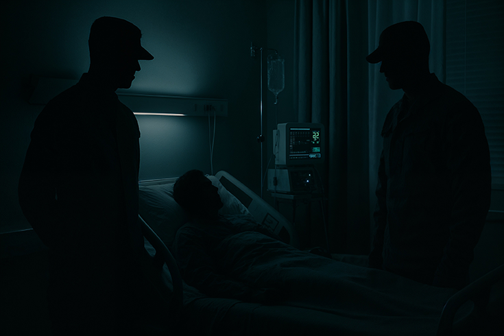 A dimly lit image shows a man in a hospital bed flanked by two Soldiers in uniforms and caps. While photorealistic, the illustration was created by artificial intelligence.