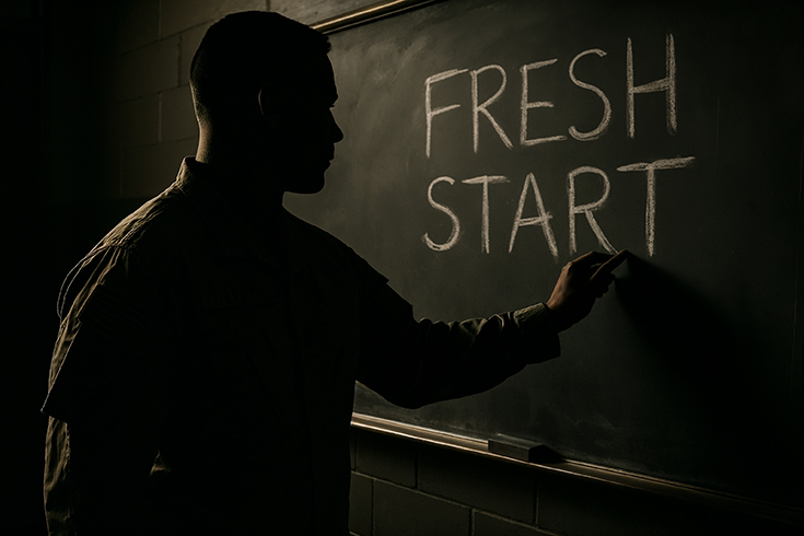 A photorealistic image generated by artificial intelligence shows a Soldier in shadow standing at a chalkboard, writing the words FRESH START.