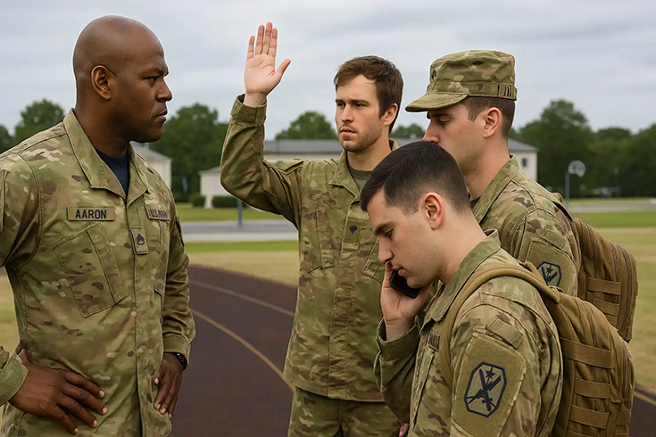A photorealistic image generated by artificial intelligence shows a trio of Soldiers standing outside before their leader, who stands before them with hands on hips, scowling in disappointment. One of the three, wearing no cap and with a stubbled chin, holds his hand up. The Soldier beside him, wearing a cap and pack, seems to doze on his feet, his eyes closed beneath the brim that shades them. The third Soldier, wearing no cap, holds a phone to his ear, paying no attention to those around him.