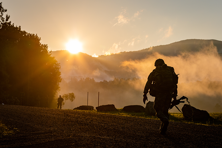 A Soldier in helmet and uniform, a pack on his back and a gun in gloved hand, walks across a grassy plain. In the distance, a mountain rises from a misty horizon, the rising sun just above it. In the distance, the golden sunlight makes silhouettes of other Soldiers near a stand of trees.