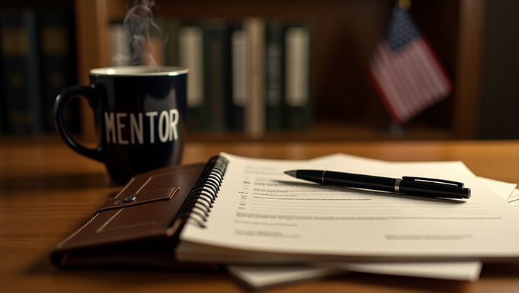 A photorealistic image generated by artificial intelligence shows a tight shot of a desktop, with an open spiral-bound notebook with a pen atop its paper, and a leather flap and button on its open cover. The close-up image has a narrow field of focus, with the writing at the center of the open page crisp, but the lettering at its head and foot blurred. Even the text at the center of the page is illegible, however. Also on the desk is a steaming coffee cup, with “Mentor” printed in white lettering on black. Beyond the desk, one makes out a bookcase with an orderly shelf of books and a small American flag.
