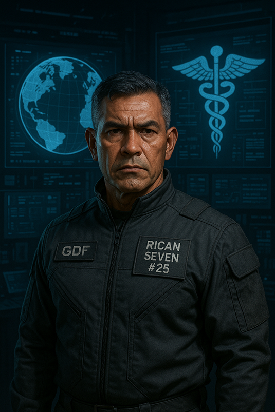 A vertical image shows the head, shoulder, and chest of a bareheaded Soldier in uniform. He has gray hair, and a patch on the right side of his chest reads “GDF.” Another patch on the other side of his chest says “RICAN SEVEN #25.” While photorealistic, the image has been created via artificial intelligence. In the background of the image is a glowing image of the globe and another of the caduceus — that is, the symbol of medicine: a staff with two snakes coiled around it.