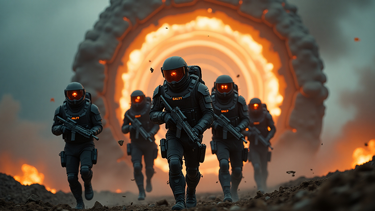 A group of five helmeted Soldiers advance across a barren landscape, rifles in hand and “SALTT” glowing red on their chests. The product of artificial intelligence, the image shows a glowing portal in the sky behind them, as if the Soldiers have just exited it from another time and place.