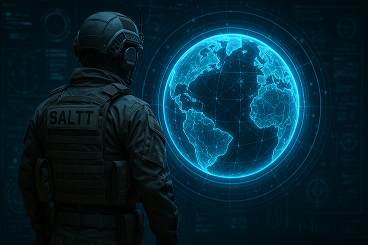 In a photorealistic image generated by artificial intelligence, a Soldier in helmet and uniform stands before a glowing holographic globe of the Earth. On the back of his vest, one reads “SALTT.”