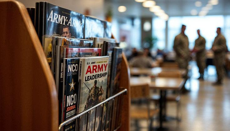 In a photorealistic image generated by artificial intelligence, a rack of magazines sits along the wall of a dining area. Their covers bear titles like “NCO Journal” and “Army Leadership.” In the out-of-focus background of the image, uniformed Soldiers stand among chairs and tables.