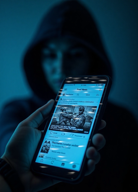 A hand holds a smartphone with a screen showing a webpage’s photo and text. Beyond the device, a dark, hooded figure looms in the background. While the image is photorealistic, it was generated via artificial intelligence.