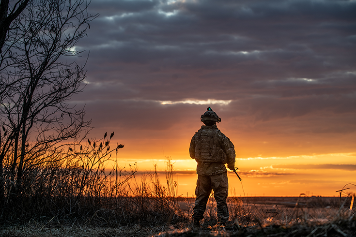 A helmeted Soldier stands in combat vest, rifle in hand, before a rising or setting sun. Golden light suffuses a sky heavy with clouds and a grassy landscape that stretches before the Soldier to a distant horizon.