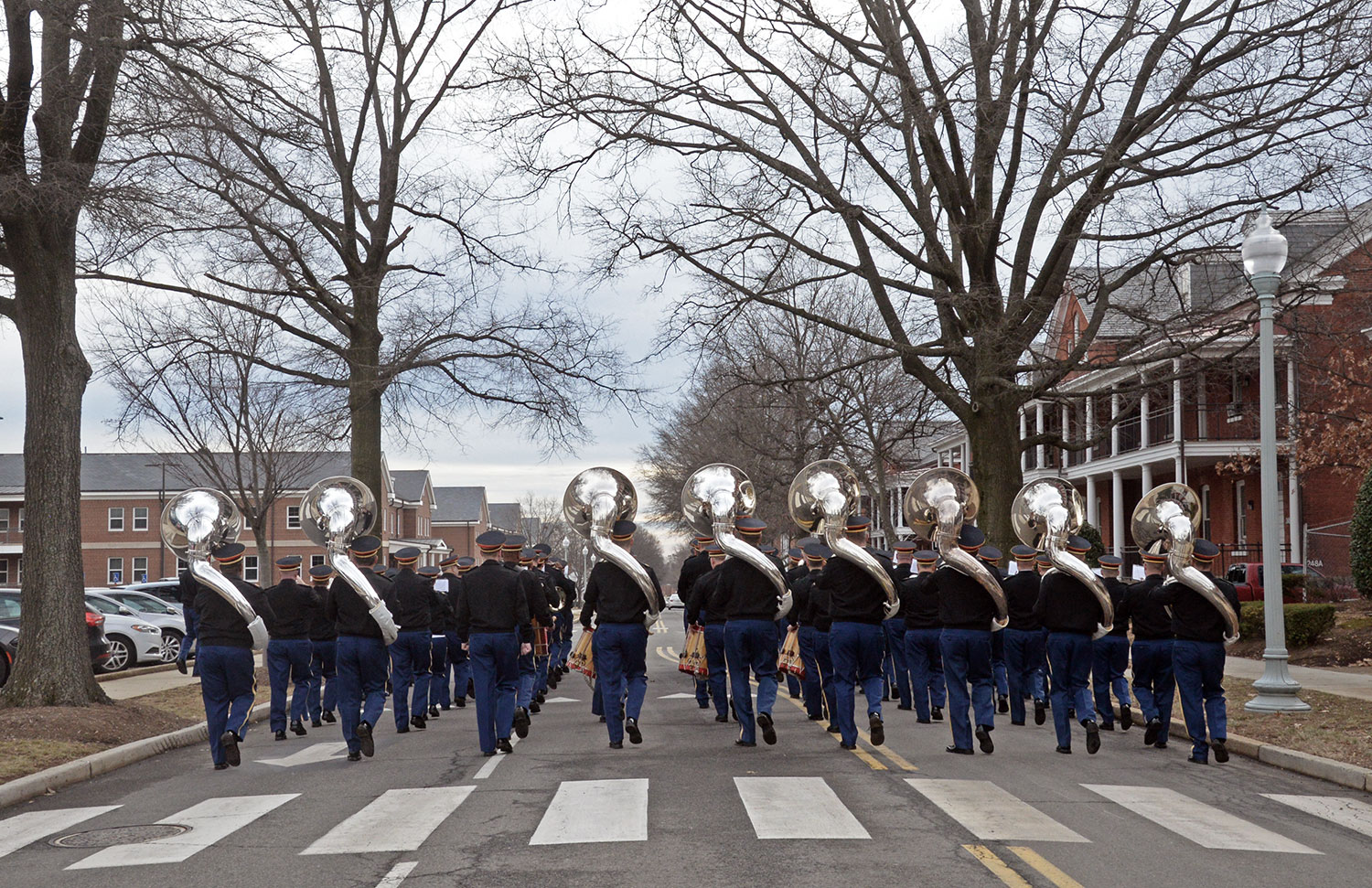 The U.S. Army Band “Pershing’s Own,” marches down Sheridan Avenue during a rehearsal at Fort Myer, Virginia. The band was preparing for the inaugural parade. (Photo by Jonathan (Jay) Koester / NCO Journal)