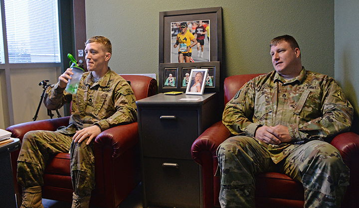 Sgt. 1st Class Colton Smith and his corner Sgt. 1st Class Jeremie Oliver visited Bradley Williams, a Comprehensive Soldier and Family Fitness Master Resilience Trainer performance expert at Fort Hood, Texas. (Photo by Clifford Kyle Jones / NCO Journal)