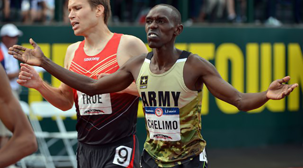 Spc. Paul Chelimo finished the 5,000-meter final in third place July 9 at the 2016 U.S. Olympic Track and Field Trials in Eugene, Oregon. Chelimo rallied from a 10th place position to win his 5,000-meter semifinal heat Wednesday at the 2016 Olympics in Rio de Janeiro, Brazil. Chelimo will race for a gold medal in the final Saturday night. (Tim Hipps / Army News Service)