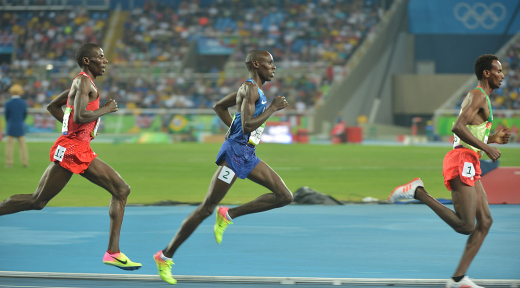 Spc. Paul Chelimo, center, opens up his stride in the final 150 meters of the 5,000-meter race at the 2016 Olympics in Rio de Janeiro, Brazil.