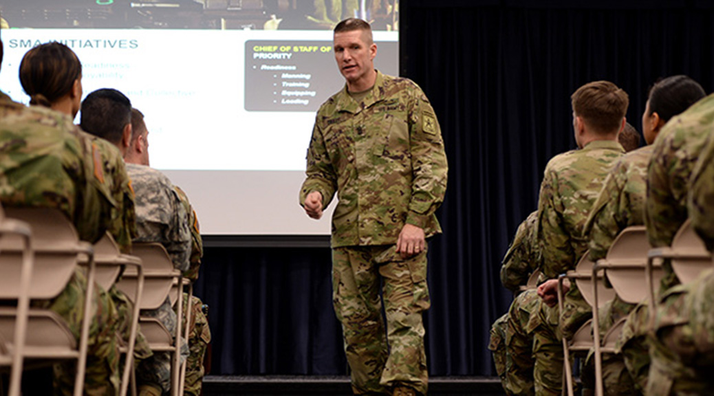 Sgt. Maj. of the Army Daniel A. Dailey listens to questions asked by public affairs NCOs during a town hall meeting at the Defense Information School at Fort George G. Meade, Md., Jan. 12, 2017. Dailey discussed incentives, such as a cash bonus, to help retain Soldiers as the Army looks to expand to a total force of over 1 million. (Photo Credit: Sgt. Jose A. Torres Jr.)